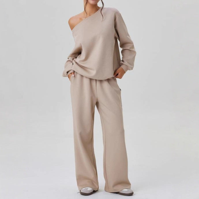 Women's casual solid color off-the-shoulder long-sleeved set