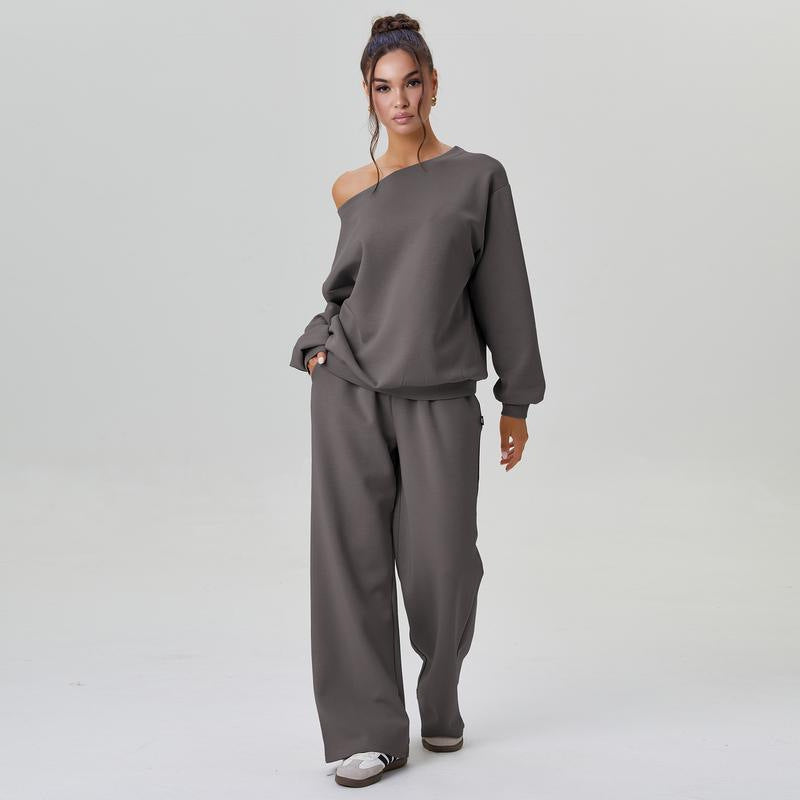 Women's casual solid color off-the-shoulder long-sleeved set